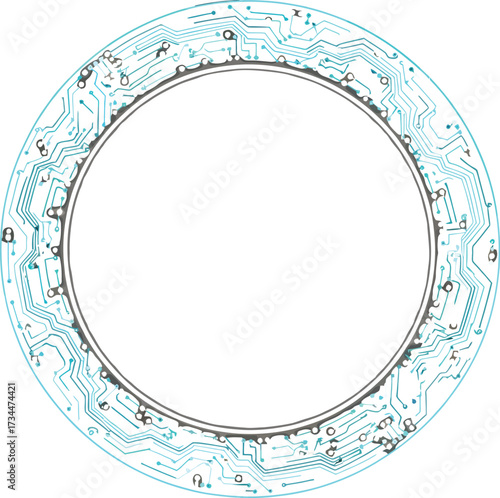 Vector art of abstract digital circular portal with glowing circuit board pattern and futuristic technology elements on a