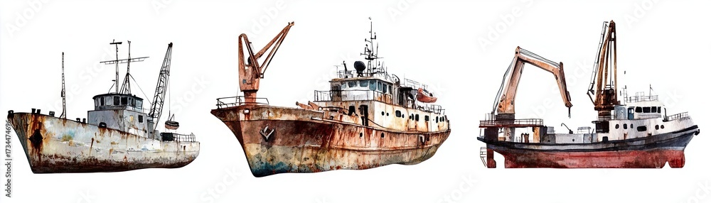 Fototapeta premium Urban exploration mystery vintage Abandoned Vintage Fishing Boats in Various States of Decay