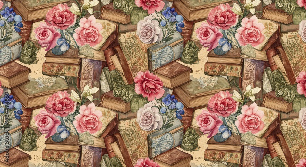 Fototapeta premium A seamless pattern of flowers and abstract lines, expressive and artistic 