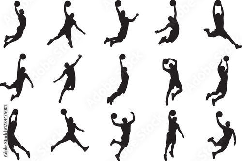  Basketball dunk silhouette vector on white background