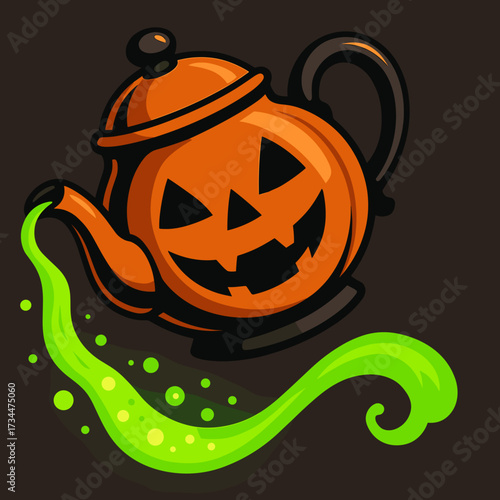 Halloween pumpkin teapot pouring green potion on a dark background
