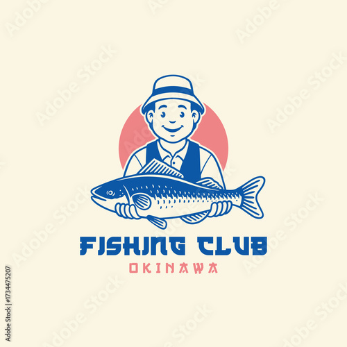 The fisherman holds the fish in both hands. Fishing club logo design