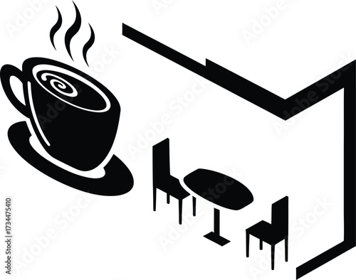 Cozy coffee shop corner with steaming cup and seating