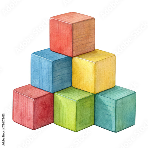 Stacked Watercolor Wooden Building Blocks in Primary Colors children kids isolated on a transparent background