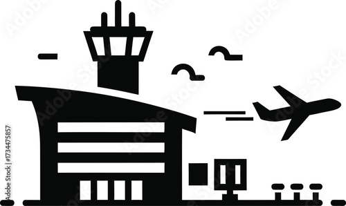Airport terminal building with control tower and airplane