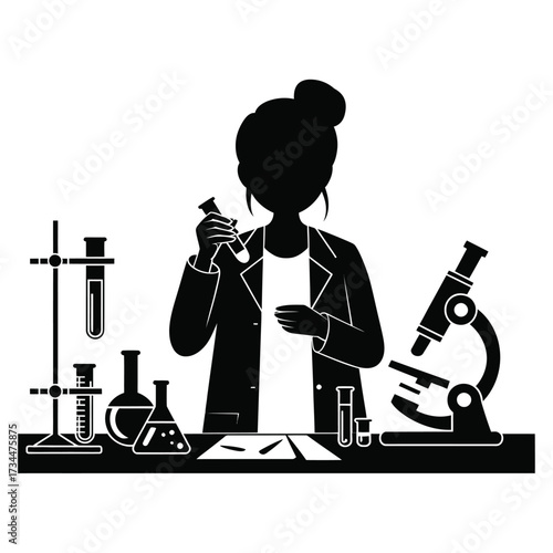 Silhouette of a scientist working in a laboratory with scientific equipment