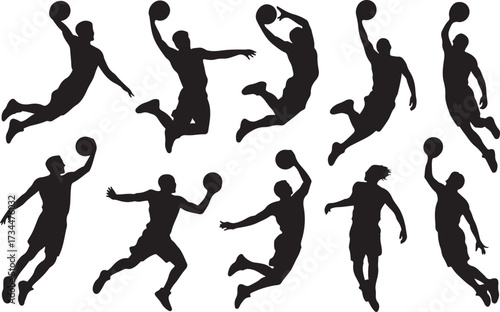  Basketball dunk silhouette vector on white background