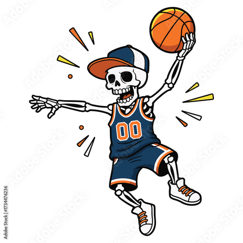 Cool Skeleton Basketball Player Illustration Dunking Ball in Sports Jersey, Cap and Sneakers Cartoon Streetwear Design