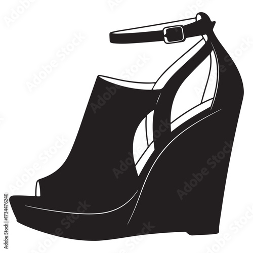 Peep-Toe Wedge Sandal Silhouette Minimalist Black and White High Heel Footwear Vector