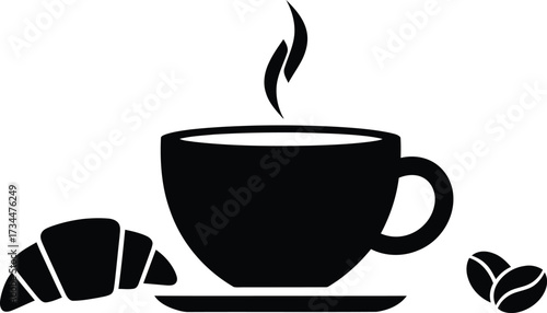 Black silhouette of a coffee cup with croissant and coffee beans