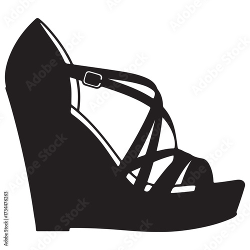 Strappy Wedge Sandal Silhouette Black and White High Heel Fashion Footwear Vector
