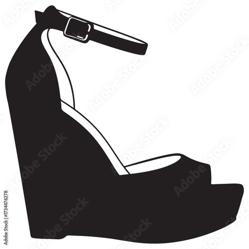 Closed-Toe Wedge Sandal Silhouette Minimalist Black and White High Heel Footwear Vector