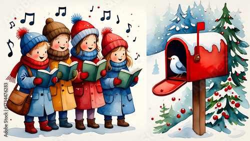 Watercolor Winter Carolers Singing Christmas Songs with a Mailbox and Bird for a Festive Holiday Illustration