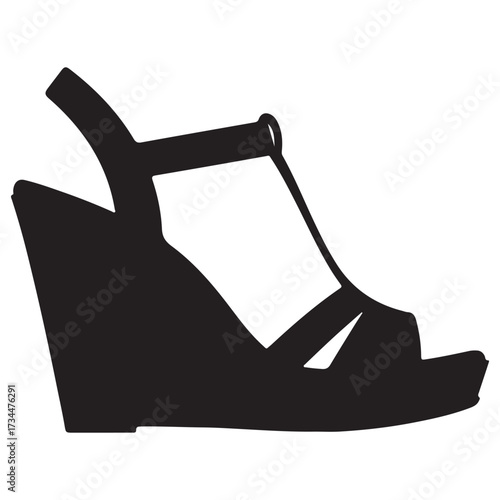 T-Strap Wedge Sandal Silhouette Minimalist Black and White High Heel Footwear Vector