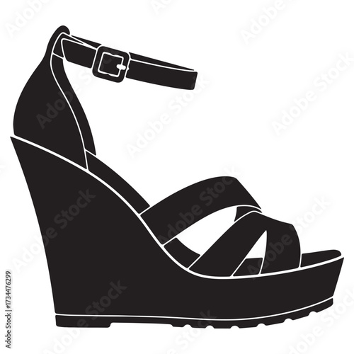 High Heel Wedge Sandal Silhouette Black and White Fashion Footwear Vector