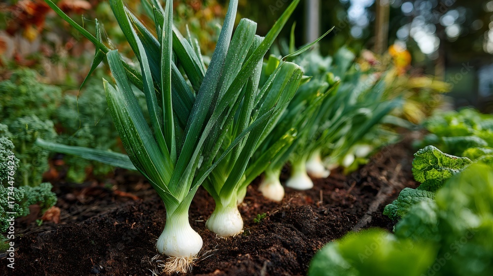 Fototapeta premium Fresh leeks growing in organic vegetable garden