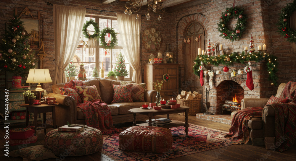 Fototapeta premium Eclectic boho interior with winter elements, colorful textiles, holiday wreaths, layered textures, creative and lived-in look