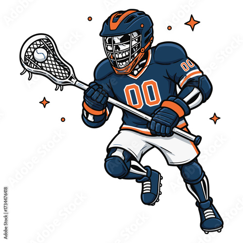 Cartoon Lacrosse Player Illustration in Action with Helmet, Stick, Sports Gear and Team Uniform