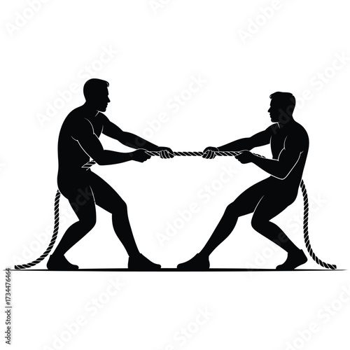 Silhouettes of two men locked in a fierce tug of war competition