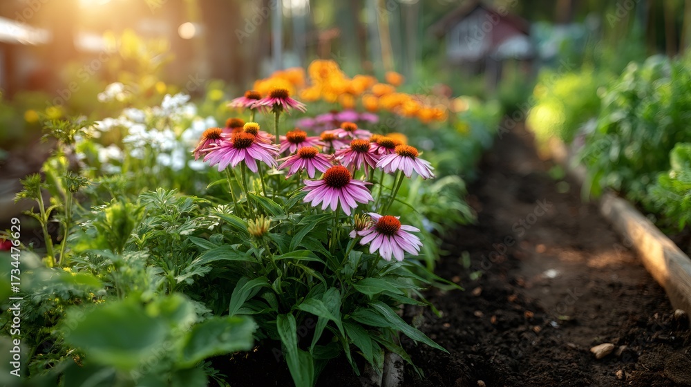 Fototapeta premium Purple coneflower echinacea plants growing in a sunny garden