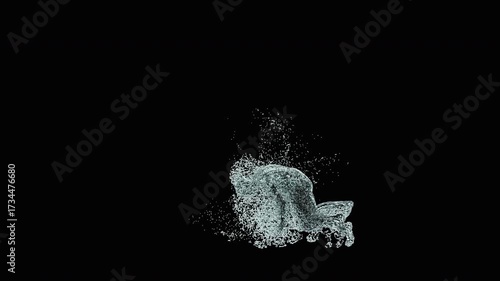 A 3D animated character performs a sword dance with dynamic water splash effects. The clip ends with an alpha matte, making it suitable for creative projects, entertainment, or digital media use.