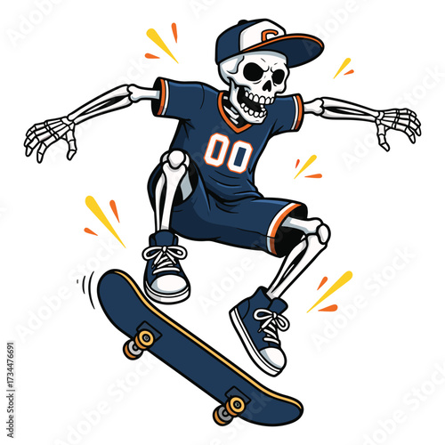 Cool Skeleton Skateboarder Illustration Doing Trick in Streetwear Outfit, Cap and Sneakers Cartoon Skateboarding Art Design