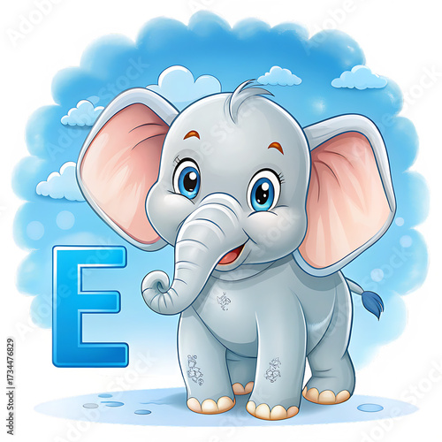 Smiling grey elephant holding big capital E letter design sky blue white and transparent background