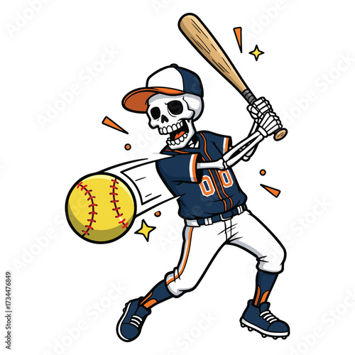 Cool Skeleton Baseball Player Illustration Swinging Bat and Hitting Ball in Sports Uniform Cartoon Baseball Art Design