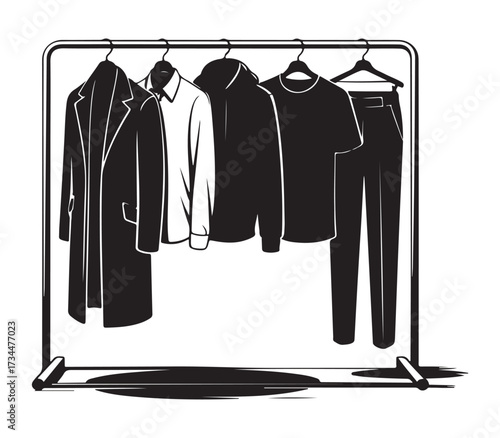 Black and white illustration of clothing on a rack