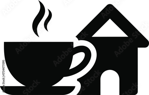 Cozy coffee house icon with steaming cup and building silhouette