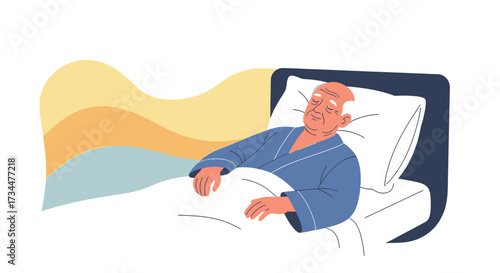 An elderly man peacefully asleep in bed at home under soft lighting and warm colors