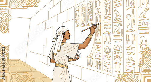 An Egyptian scribe diligently inscribing hieroglyphs on a temple wall in ancient Egypt with