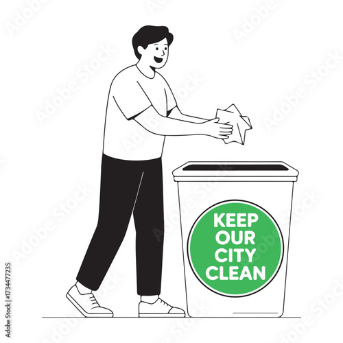 Man disposing of trash in a bin promoting a clean city