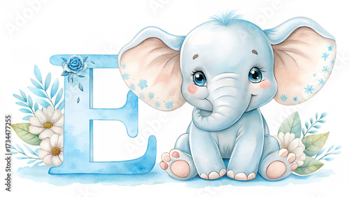 Adorable elephant character with alphabet E for kids learning sky blue white and transparent background