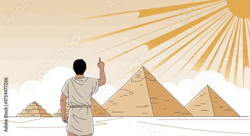 Ancient Egypt concept illustration with pyramids and figure pointing to the sun stylized vector