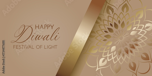 Diwali celebration card with golden mandala and golden ribbon  in flat style. Deepavali vector illustration for print and online projects