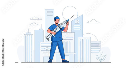 Brave doctor holding giant syringe against city skyline: A symbol of healthcare vaccination effort
