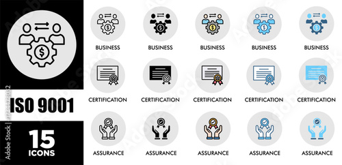 ISO 9001 icon set with various styles and colors  of corporate sustainability performance for investment screening