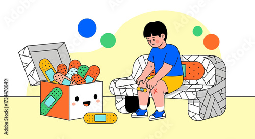 Cartoon illustration of a boy applying a bandage to his knee with a box of bandages next to him