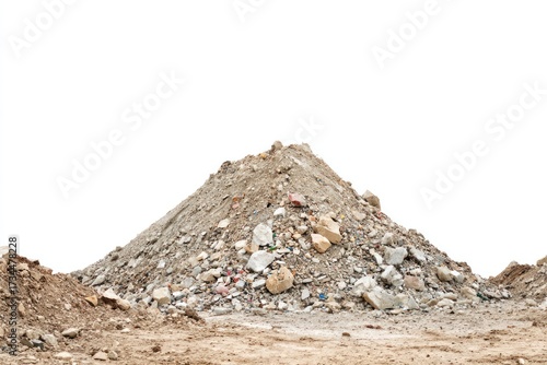 A sizable pile of construction debris, or demolition waste, sits atop a patch of earth, against a pure white background.
