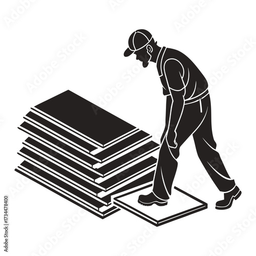 Minimalist black silhouette vector graphic of a construction worker installing a square floor tile from a stack