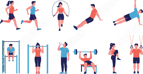 Black silhouette illustration of diverse fitness exercises including running, weightlifting, suspension training, stretching, and gym workout activities for health motivation