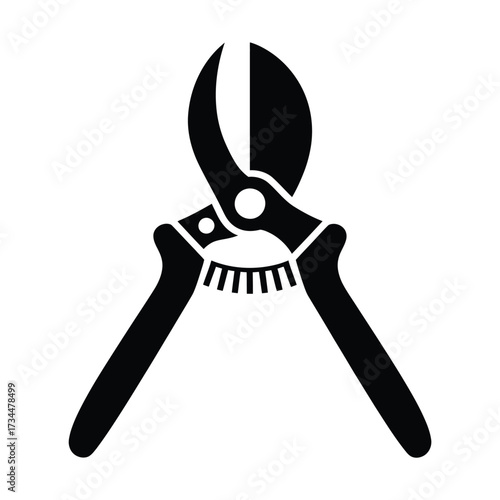 Black silhouette of garden pruning shears on a white background