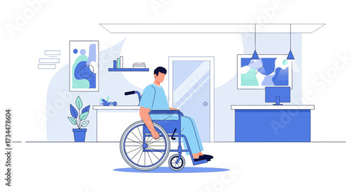 Conceptual illustration of a man in a wheelchair in a modern interior space