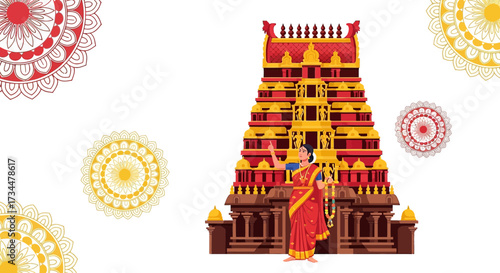 Colorful Illustration of South Indian Temple and Woman with Traditional Saris on White Background