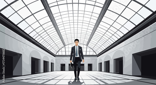 Confident businessman strides purposefully through a grand architectural space conveying power