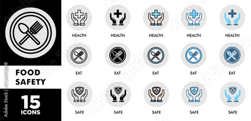FOOD SAFETY icon set with various styles and colors  of corporate sustainability performance for investment screening