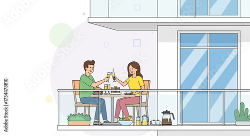 Couple celebrating with champagne on balcony while having breakfast together in modern apartment