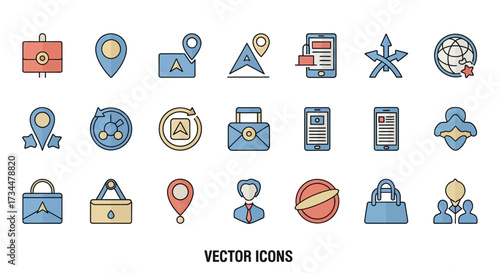 Modern business vector icon set for navigation, strategy, and collaboration in digital projects, perfect for app design and marketing materials