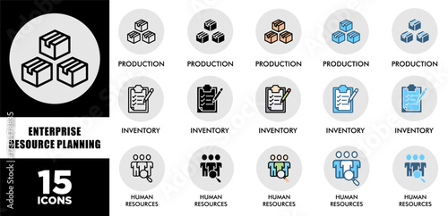 ENTERPRISE RESOURCE PLANNING icon set with various styles and colors  of corporate sustainability performance for investment screening